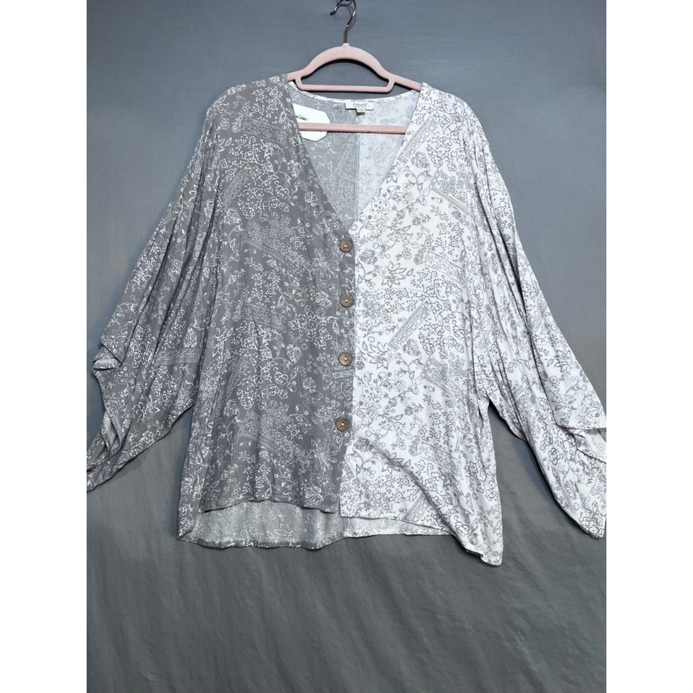Oddi Floral Paisley Colorblock Button Down Top Grey White Dolman Sleeve New